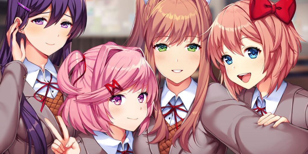 Four anime girls in school uniforms smile for a selfie, one making a peace sign. They capture the joy of friendship while discussing fun Valentine's Day games for singles, embracing the spirit of love and laughter.