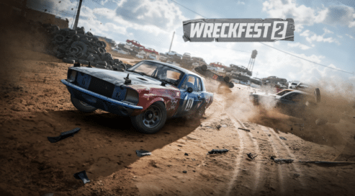 Two cars in a dusty race track, crashing amidst debris with a "Wreckfest 2" logo above.