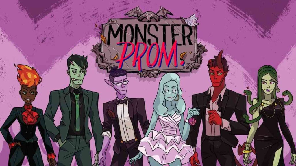 Cartoon characters in formal attire stand under a "Monster Prom" sign, set against a whimsical purple backdrop—a perfect setting for Valentine's Day games for singles looking for fun.