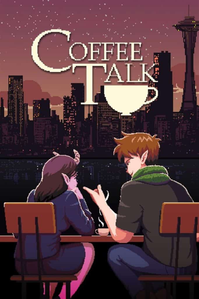 Pixel art of two people in a cafe, enjoying the city's dusk skyline. "Coffee Talk" hovers above as a nod to Valentine's Day games for singles seeking connection and cozy conversations.