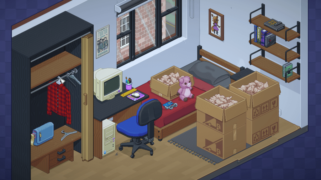 Pixel art room featuring a cozy bed, a computer ready for Valentine's Day games for singles, scattered boxes, a pink teddy bear, and wall shelves filled with books.