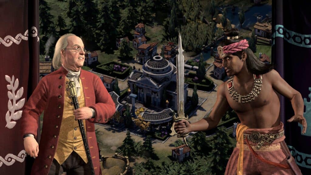 In front of an ancient city backdrop, two historical figures stand poised: one grips a staff, the other a sword. It's reminiscent of a scene from The Civilization 7 release, where strategy meets history in an epic blend.