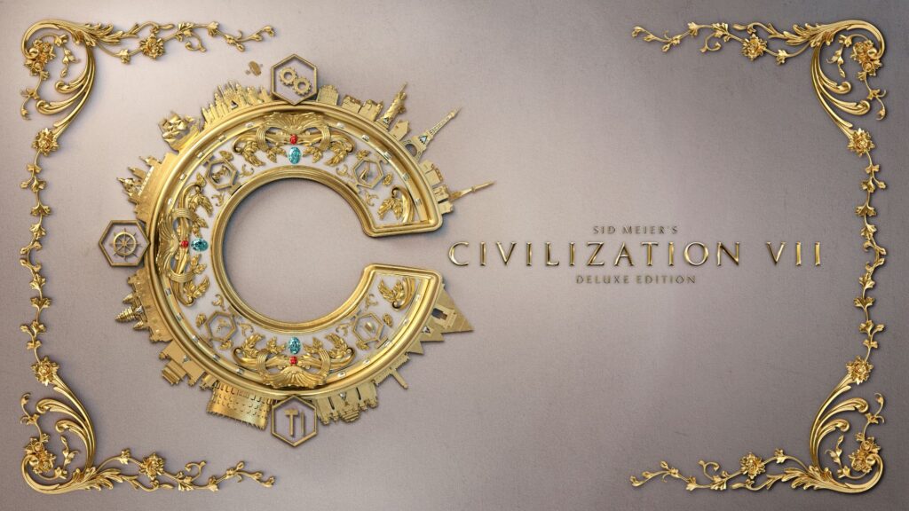 Ornate gold letter "C" with various landmarks celebrating The Civilization 7 Release Deluxe Edition on a gray background.