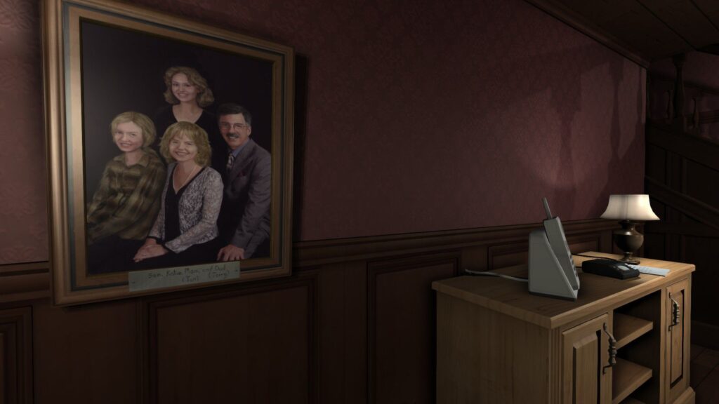 In a cozy, dimly lit room, a framed family photo graces the wall above a wooden cabinet. Below it, a lamp casts a gentle glow on a laptop—a perfect setting for exploring online Valentine's Day games for singles.