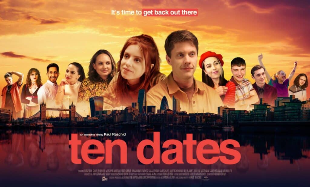 Collage of people with city skyline backdrop, text reads "It's time to get back out there. Ten Dates - the ultimate Valentine's Day games for singles.