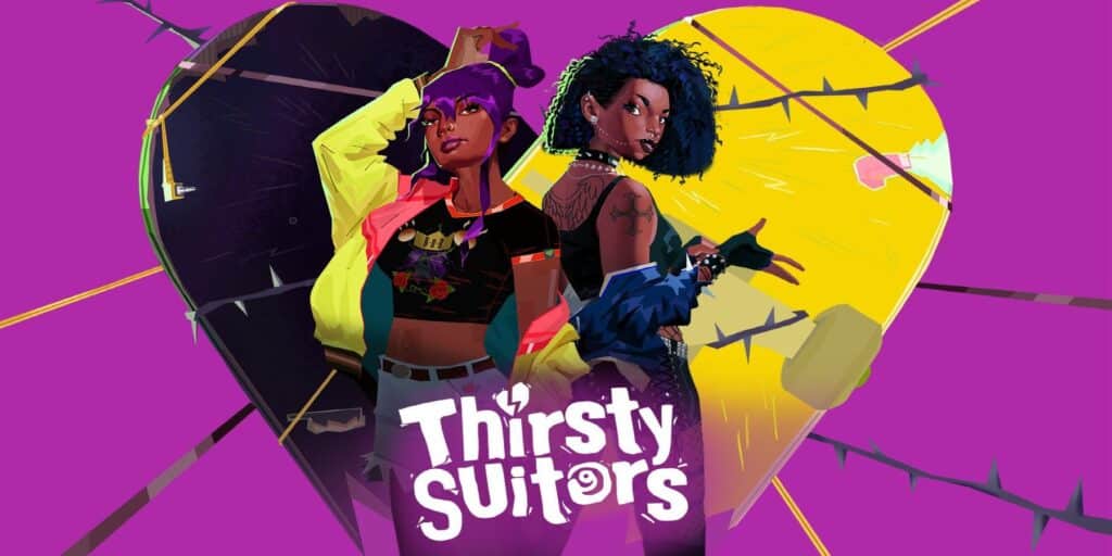 A vibrant illustration showcases two confident individuals in colorful outfits standing before a large heart, embodying the playful spirit of Valentine's Day games for singles. The text "Thirsty Suitors" adds a charming touch beneath this lively scene.