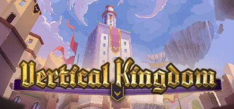 Pixel art of a tall building with a lighthouse top, surrounded by clouds, with "Vertical Kingdom" text in gold.