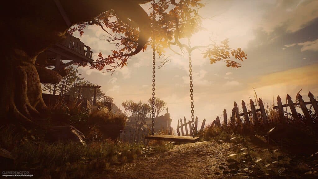 A wooden swing hangs from a tree in an autumn landscape with a dirt path and sunlit clouds, offering the perfect backdrop for impromptu Valentine's Day games for singles seeking fun and connection.