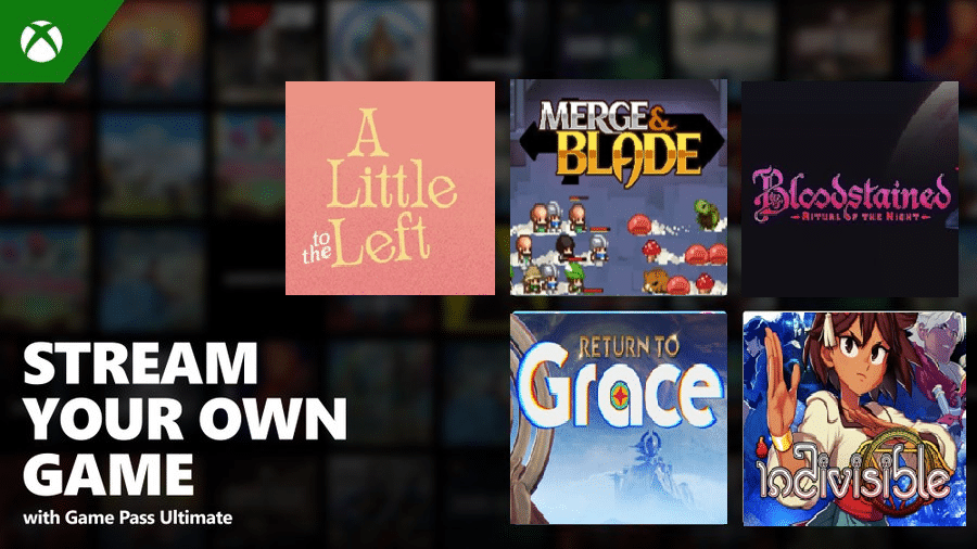 A promotional image for Xbox Game Pass Ultimate with five game covers: A Little to the Left, Merge & Blade, Bloodstained, Return to Grace, and Indivisible.