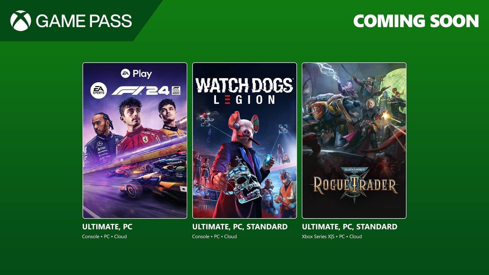 Xbox Game Pass preview featuring F1 24, Watch Dogs Legion, and Rogue Trader on a green background.