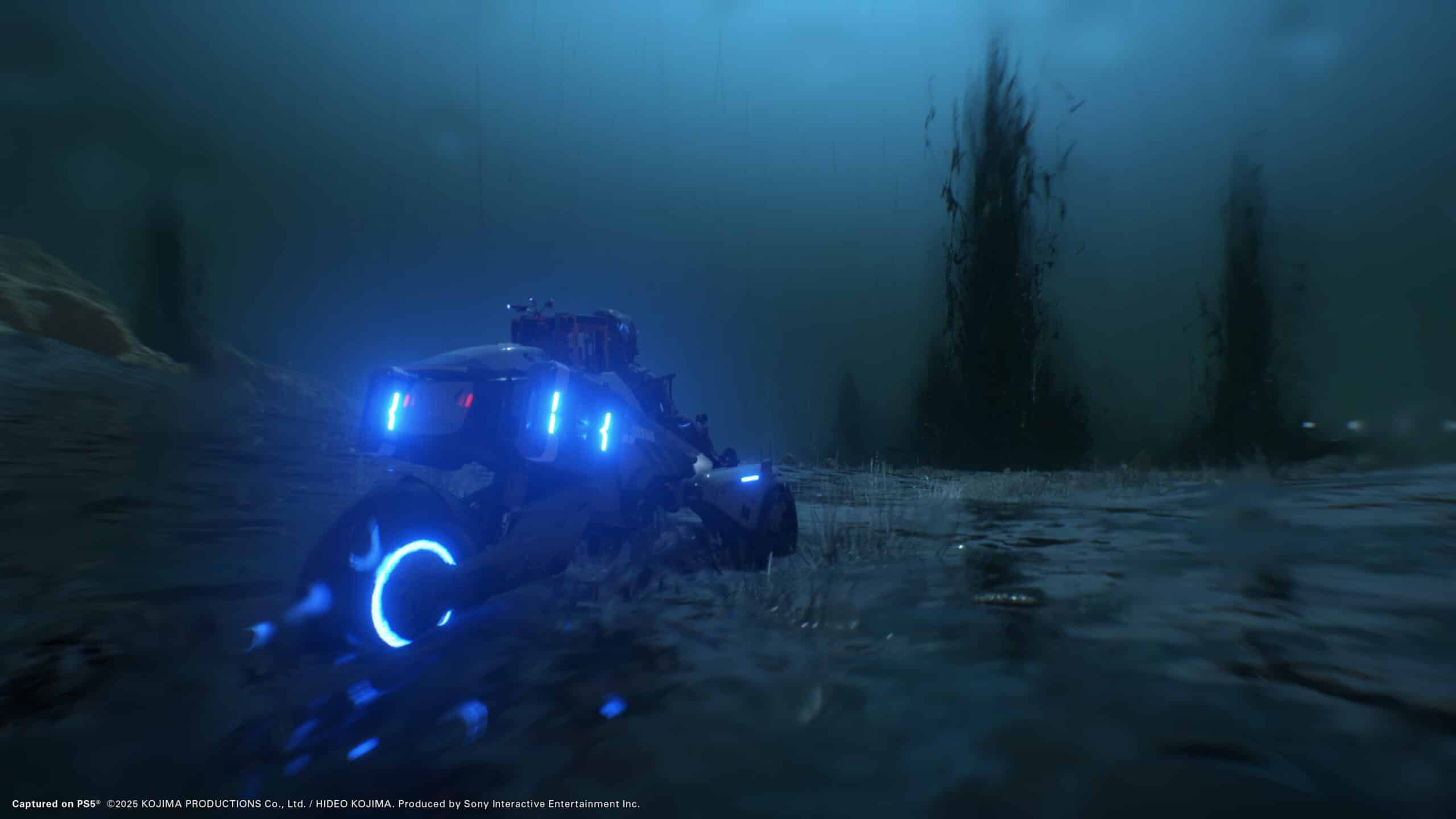 A futuristic motorbike with glowing blue lights glides underwater, surrounded by aquatic plants, evoking a scene from Death Stranding 2's much-anticipated landscapes before its launch date.