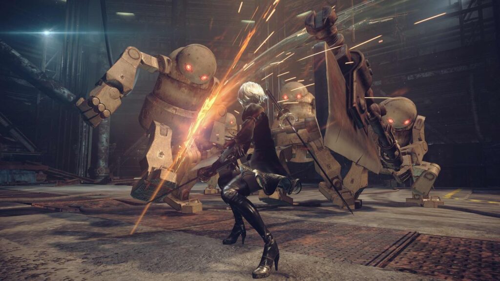 A futuristic female warrior with a sword battles three robotic enemies in an industrial setting, sparks flying from the intense clash.