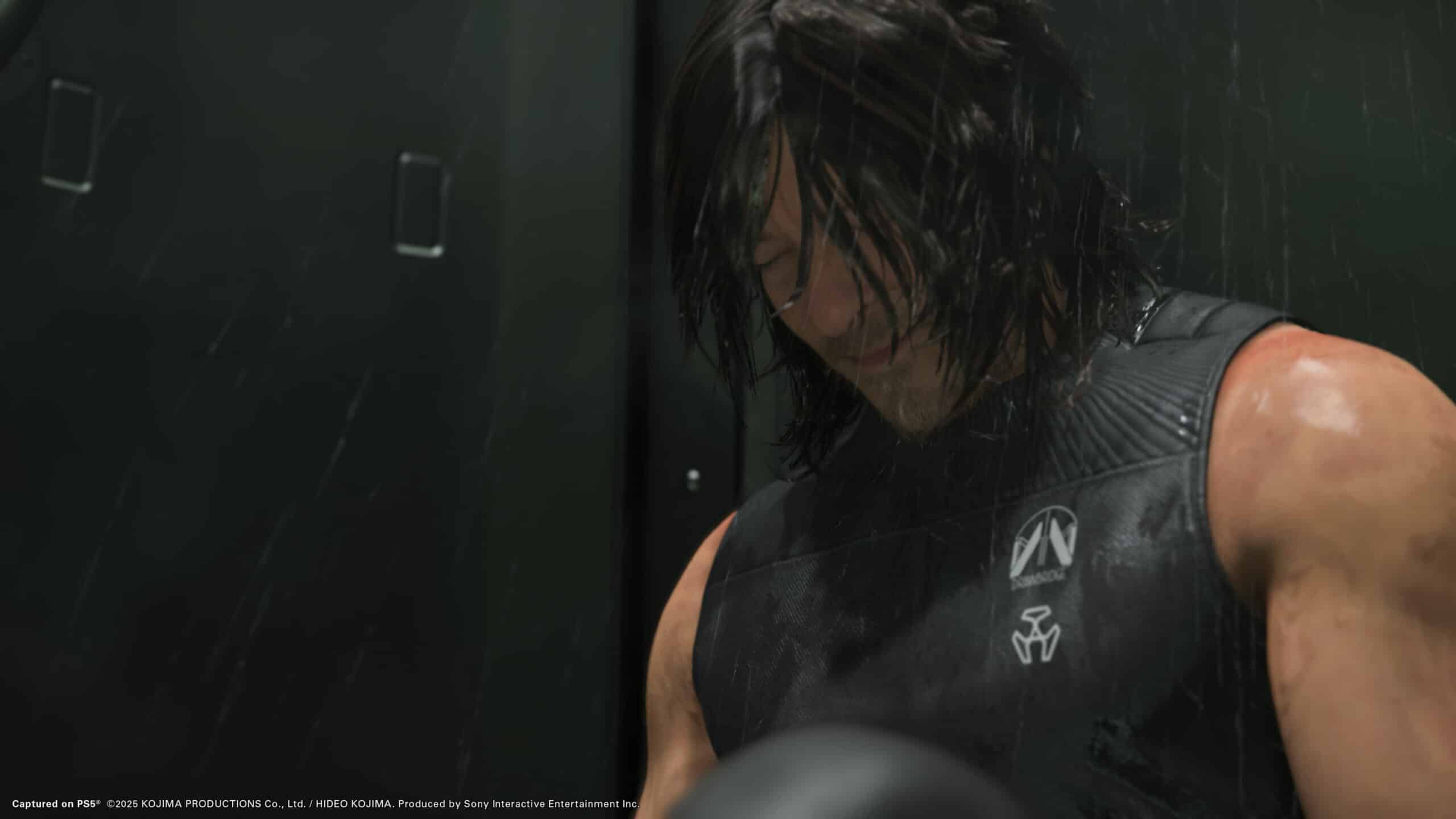 A character with long hair stands in the rain, reminiscent of a scene from Death Stranding 2, wearing a sleeveless black outfit, looking downward.