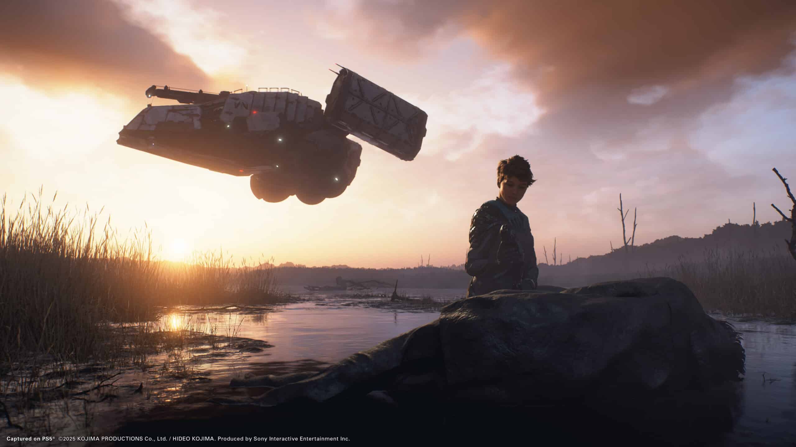 As the sun dips below the horizon, casting its golden hues across the swampy landscape, a mysterious figure sits in contemplation. Above, a futuristic vehicle hovers silently, evoking anticipation similar to waiting for the elusive Death Stranding 2 launch date.