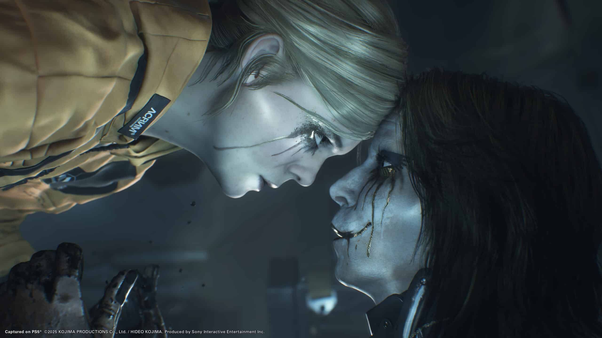 Two intense characters face off closely, one with dark makeup and the other in an orange jumpsuit, creating a scene as gripping as anticipating the Death Stranding 2 launch date.