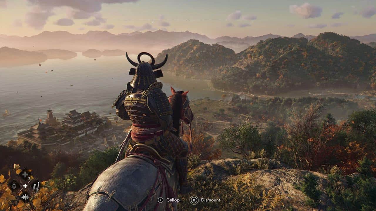 The scene depicts a samurai on horseback surveying a coastal landscape, reminiscent of Assassin's Creed Shadows, with majestic mountains and the sea stretching beneath a moody, cloudy sky.