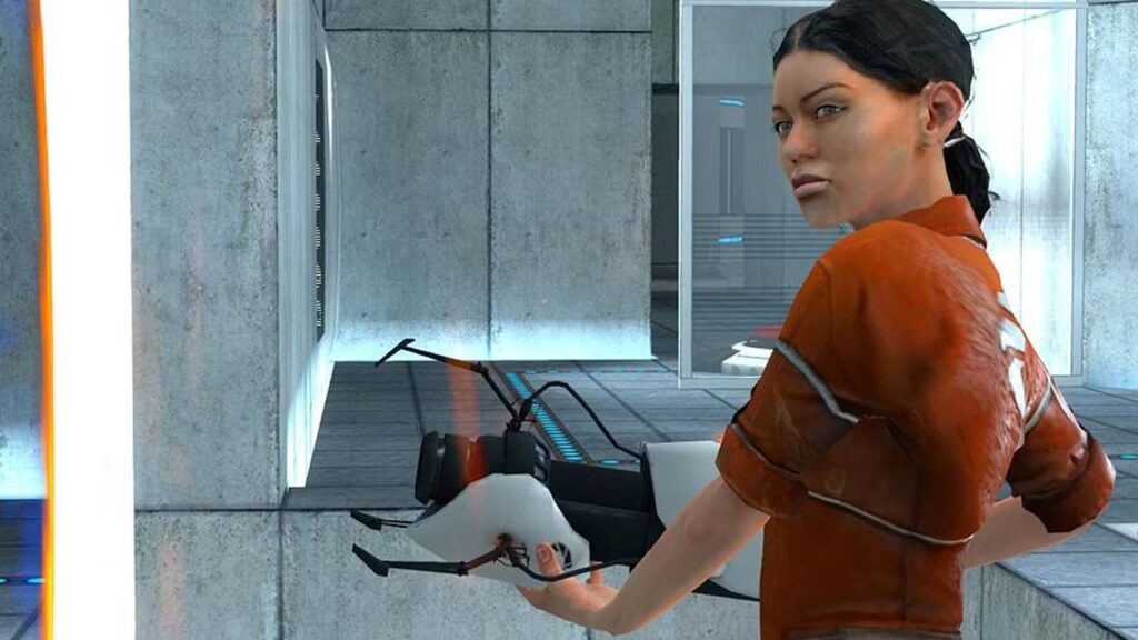 A female protagonist in an orange outfit wields a portal gun in a futuristic room with concrete walls and glowing blue accents.