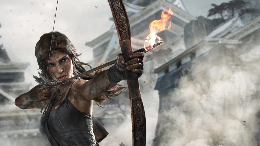 Amid ancient ruins and a stormy backdrop, a fierce female protagonist draws a flaming arrow, ready to strike.