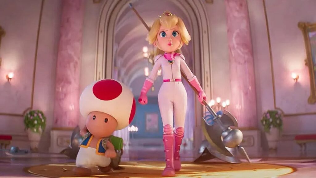 In a vibrant animated scene, female protagonists in video games, Princess Peach and Toad confidently stride through a grand hall, brandishing their weapons with determination.