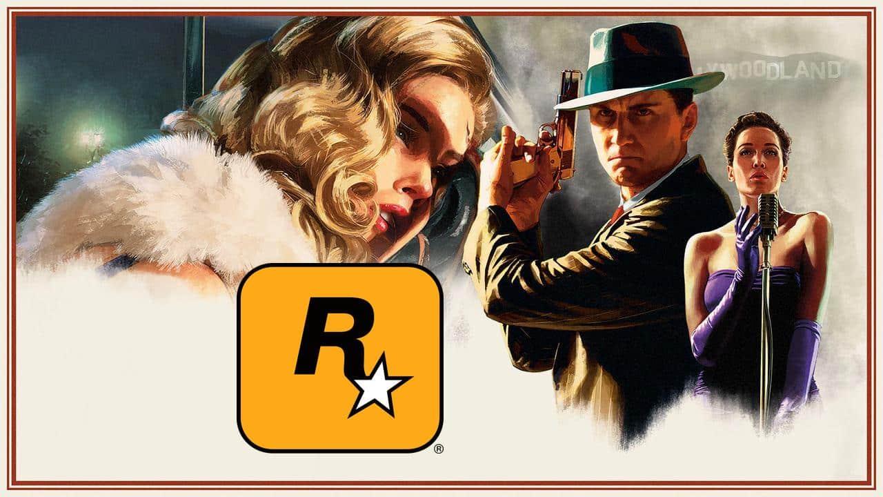 A noir-themed illustration depicts three characters shadowed against a mysterious backdrop, with the iconic Rockstar Games logo in the foreground, subtly hinting at its recent acquisition of Video Games Deluxe.