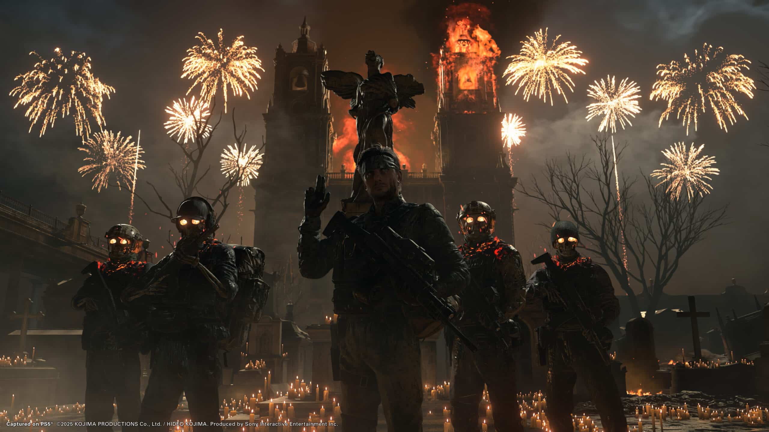 Five soldiers with glowing goggles stand stoically before a burning building, surrounded by fireworks and candles, as if guarding the secret of Death Stranding 2's launch date.