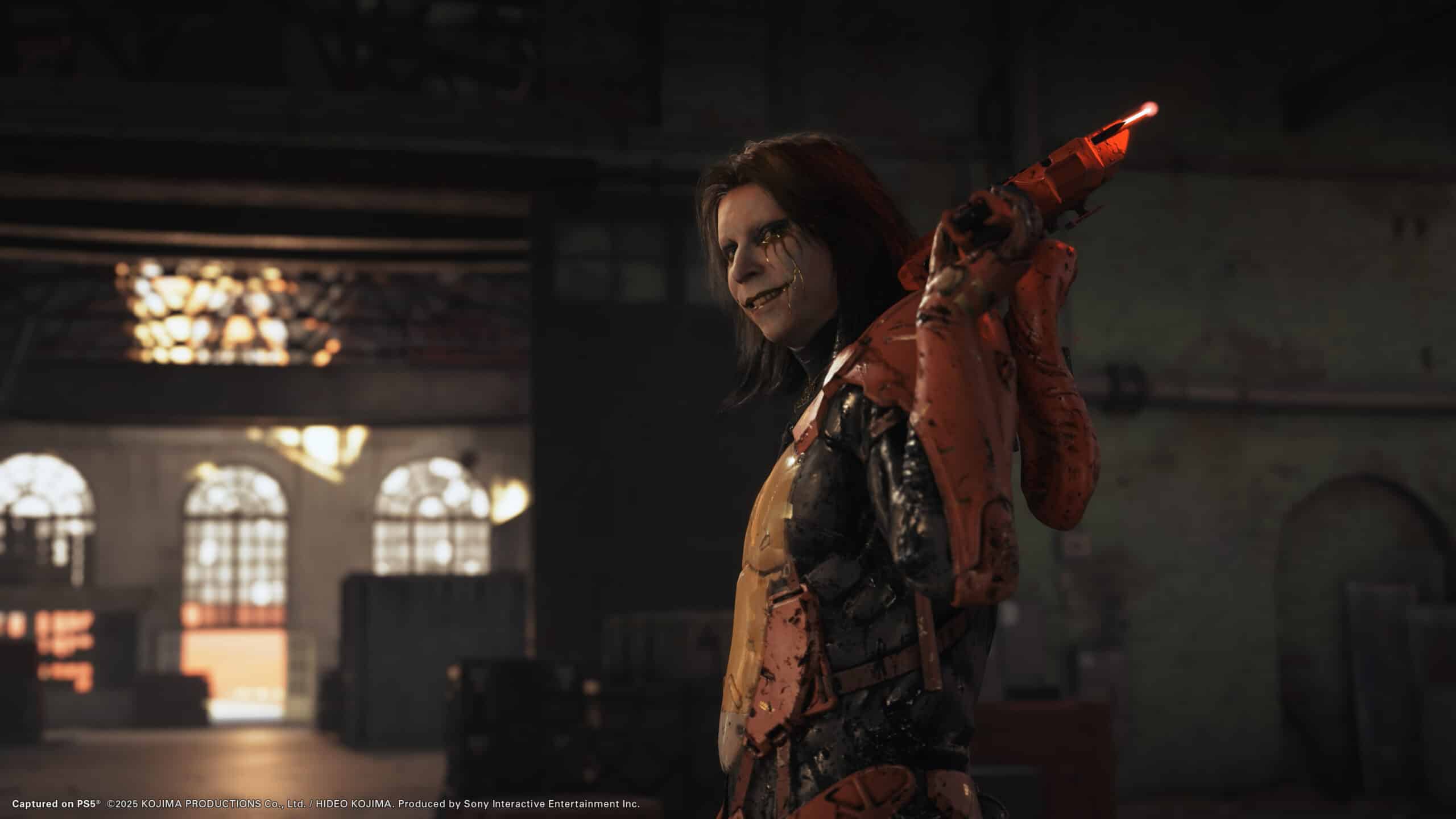 In a dimly lit industrial setting, a character in a futuristic suit, reminiscent of scenes from Death Stranding 2, confidently holds a weapon over their shoulder.