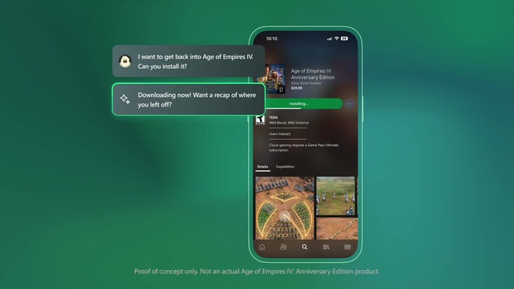 Smartphone displaying a download screen for a game, with chat overlay about game installation.