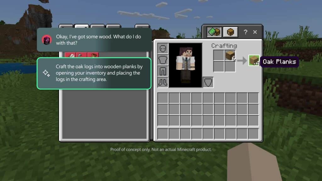 Crafting tutorial in a blocky game interface, showing wooden plank recipe with in-game chat on converting wood logs.