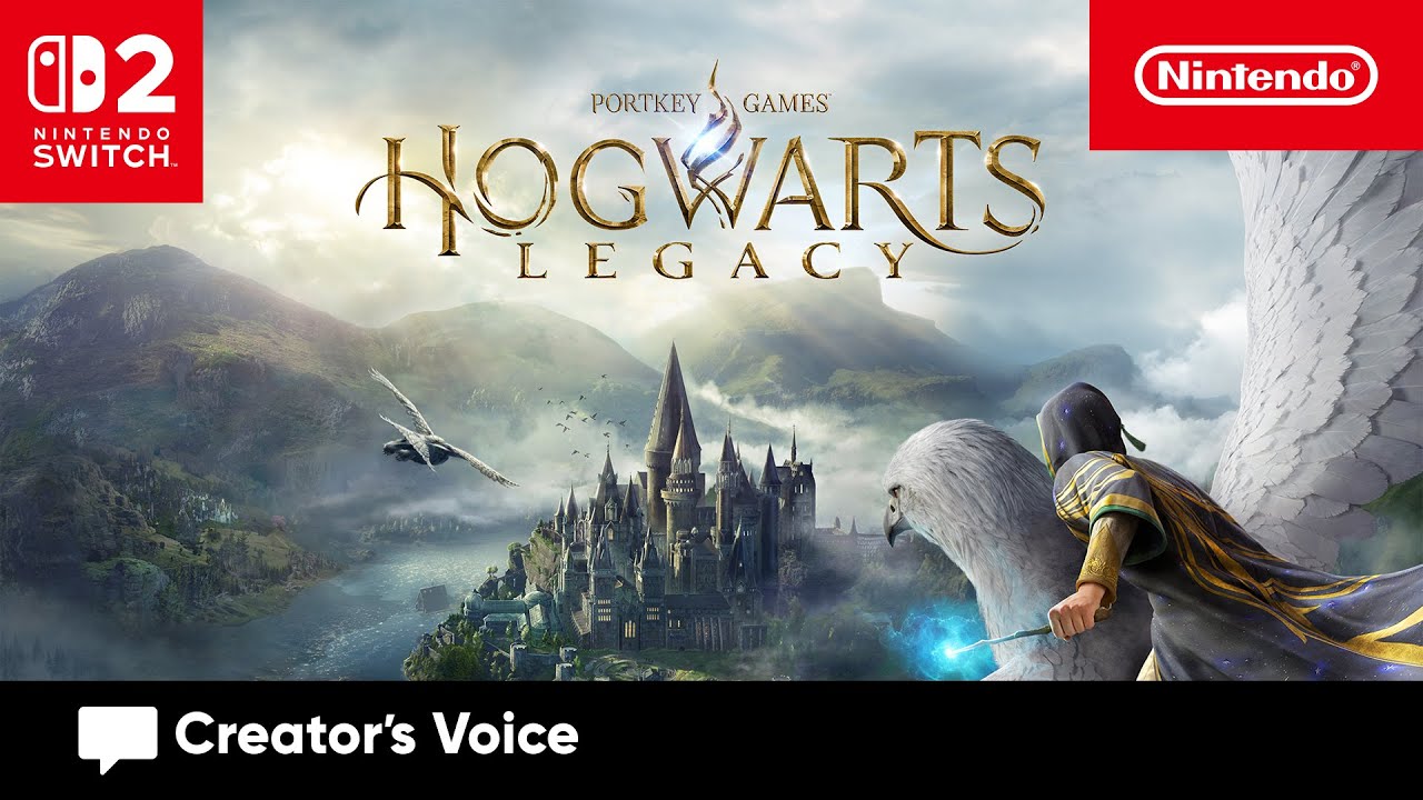 Hogwarts castle with a flying hippogriff and Nintendo Switch, Hogwarts Legacy, and Creator's Voice logos visible.