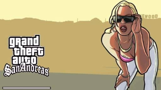 Illustration of a woman in sunglasses, leaning forward. Text: "Grand Theft Auto San Andreas." Desert background, hinting at the best Easter eggs in video games hidden within its iconic landscape.
