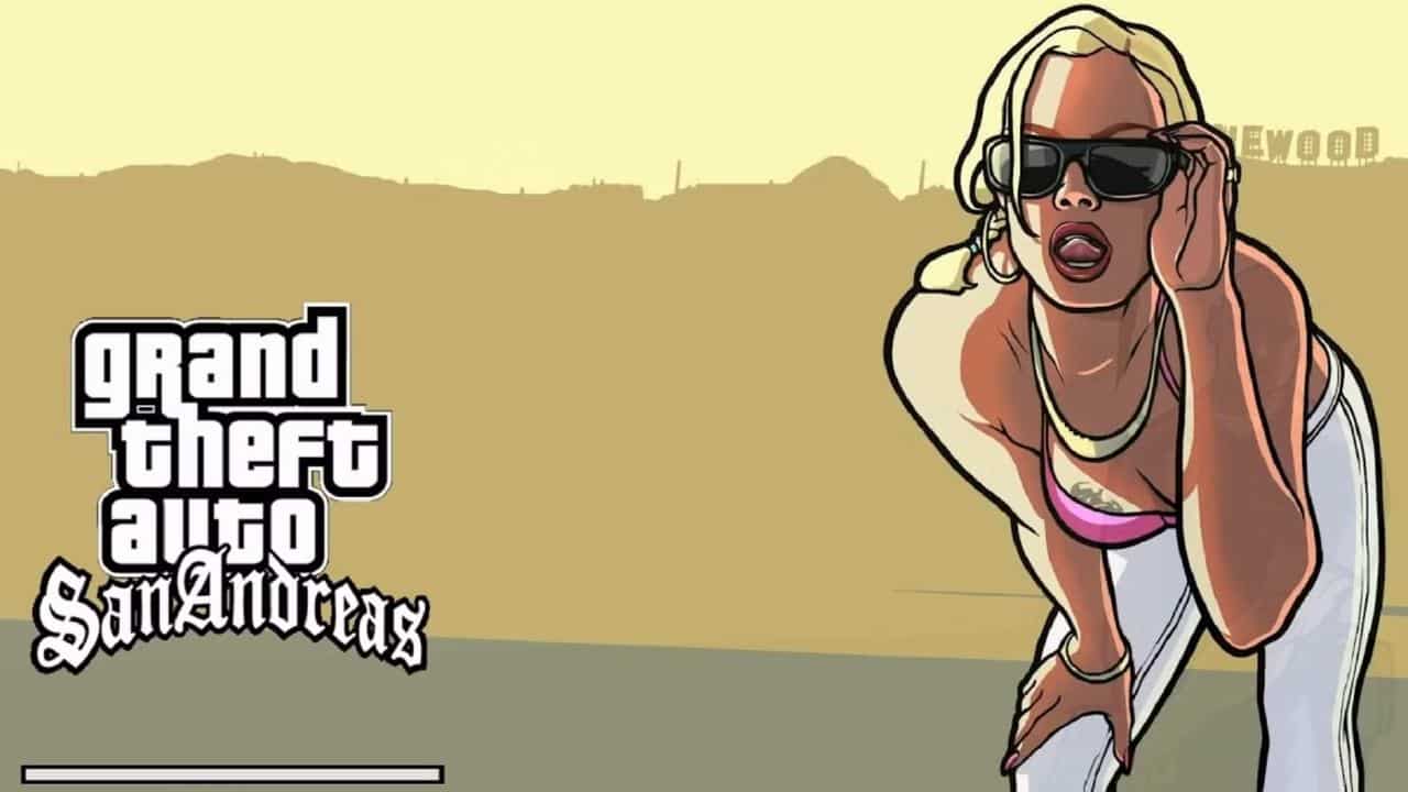 Illustration of a woman in sunglasses, leaning forward. Text: "Grand Theft Auto San Andreas." Desert background, hinting at the best Easter eggs in video games hidden within its iconic landscape.