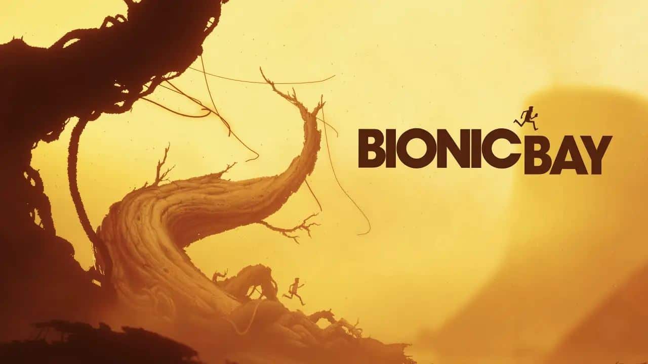 Twisted tree and figures in a yellow misty landscape with the text "BIONIC BAY"—a striking scene reminiscent of visuals highlighted in many a Bionic Bay review.