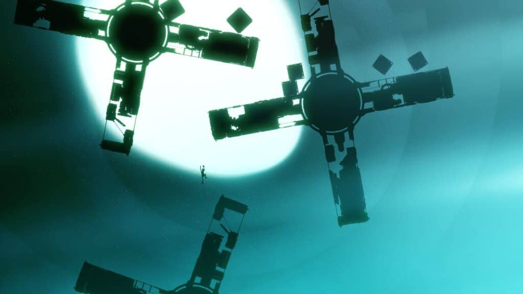 A small figure floats near three large, cross-shaped space structures against a glowing blue-white background—an evocative scene reminiscent of moments in a detailed Bionic Bay review.