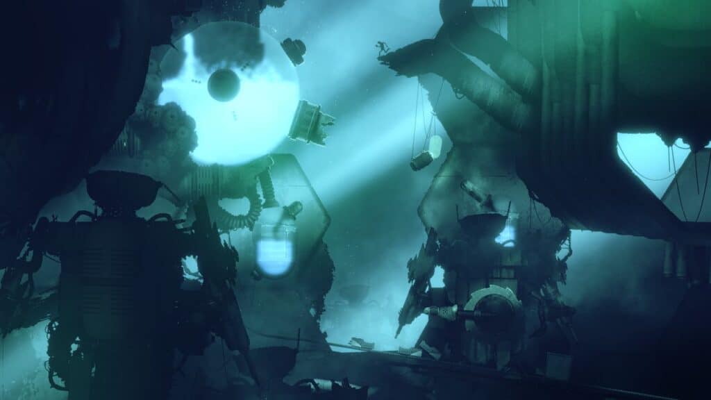 Dark, futuristic machinery in bluish-green light, with robots and glowing orbs, creating a mysterious atmosphere reminiscent of scenes from a Bionic Bay review.