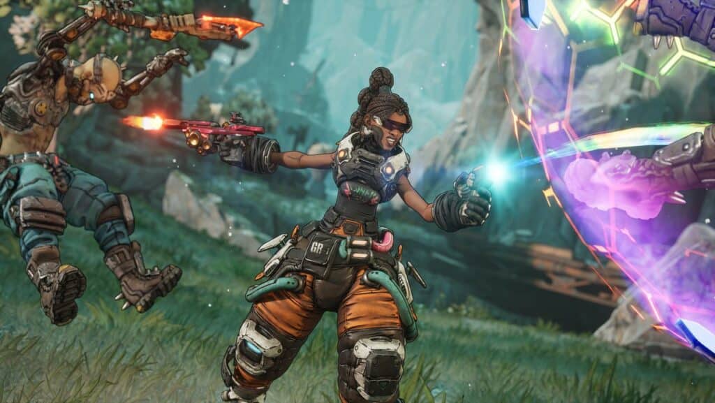 Two armored characters with guns clash amid green scenery, as one fires at a glowing, shielded barrier—an intense moment reminiscent of the action seen in the Borderlands 4 gameplay deep dive.