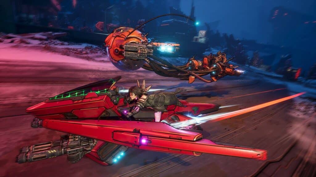 A character rides a red futuristic hoverbike, chased by a robotic drone, in a neon-lit sci-fi setting reminiscent of a Borderlands 4 gameplay deep dive.