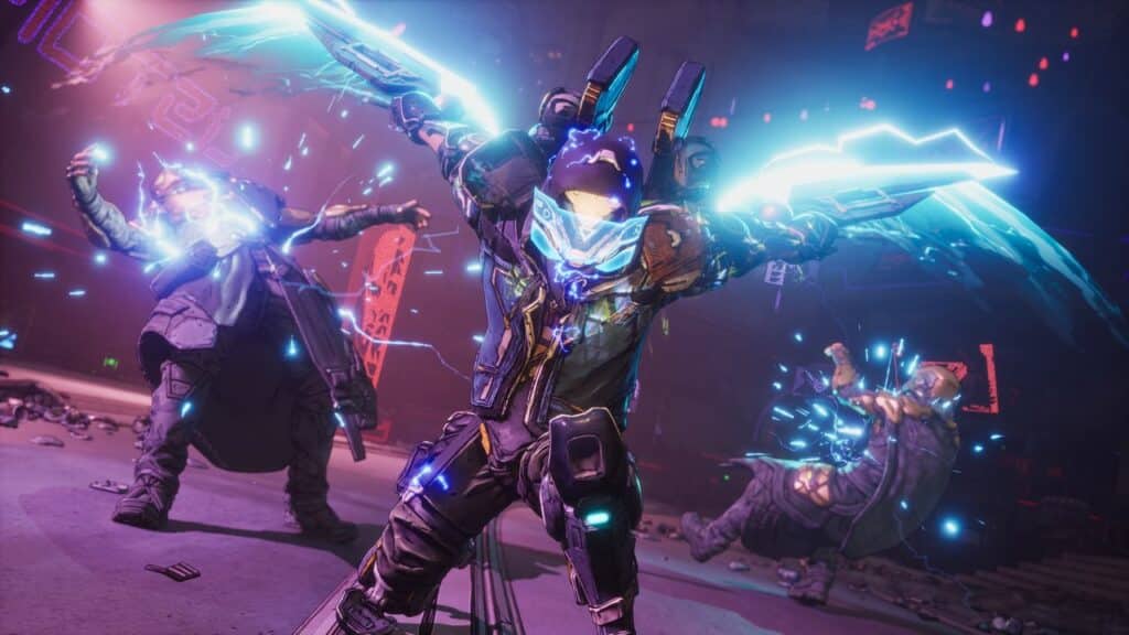 Futuristic armored characters with glowing blue energy wings and effects in an action-packed scene reminiscent of a Borderlands 4 gameplay deep dive.