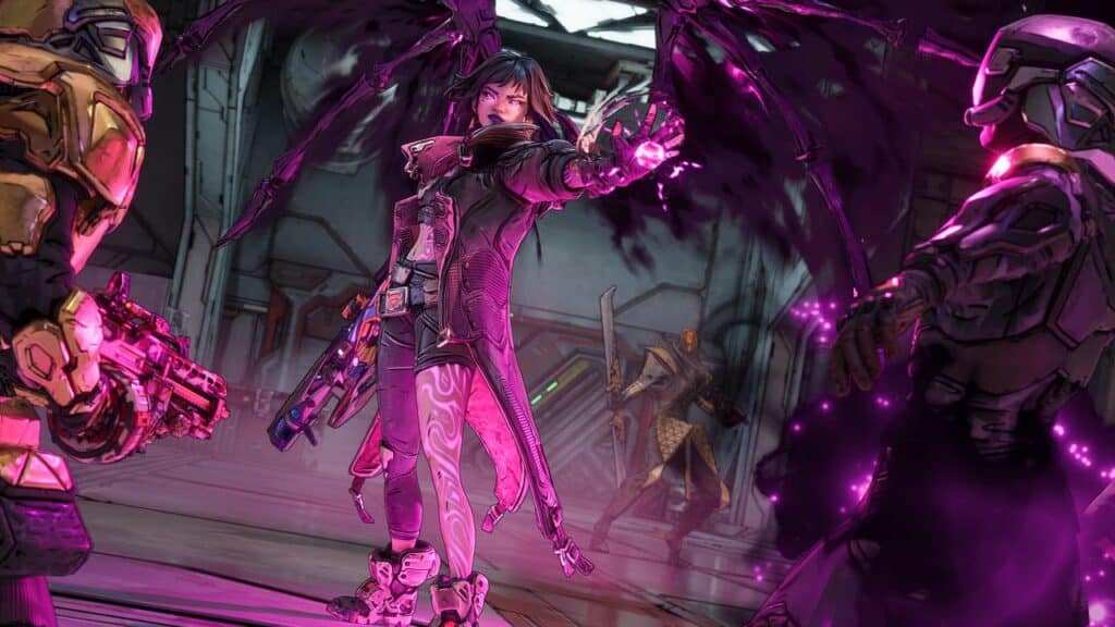 A woman with glowing tattoos casts purple magic at two armored figures in a sci-fi setting, reminiscent of a Borderlands 4 gameplay deep dive.