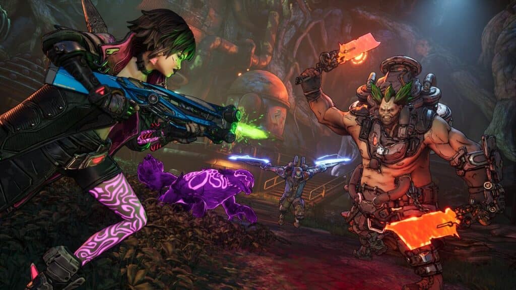 A woman with a glowing gun and neon leggings faces off against a muscular man wielding fiery weapons in a jungle, capturing the intense action seen in Borderlands 4 gameplay deep dive.