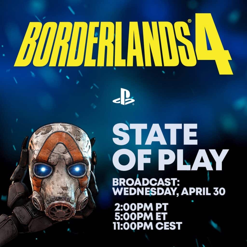 Borderlands 4 State of Play event promo featuring a iconic mask and event times for April 30 on a blue background—stay tuned for the Borderlands 4 release date announcement!.