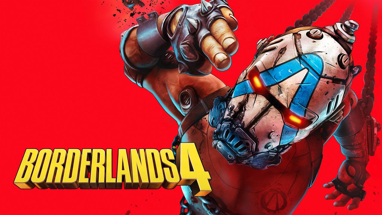 A robot in a mask points forward on a red background with "Borderlands 4" in bold yellow text, hinting at the highly anticipated Borderlands 4 release date.