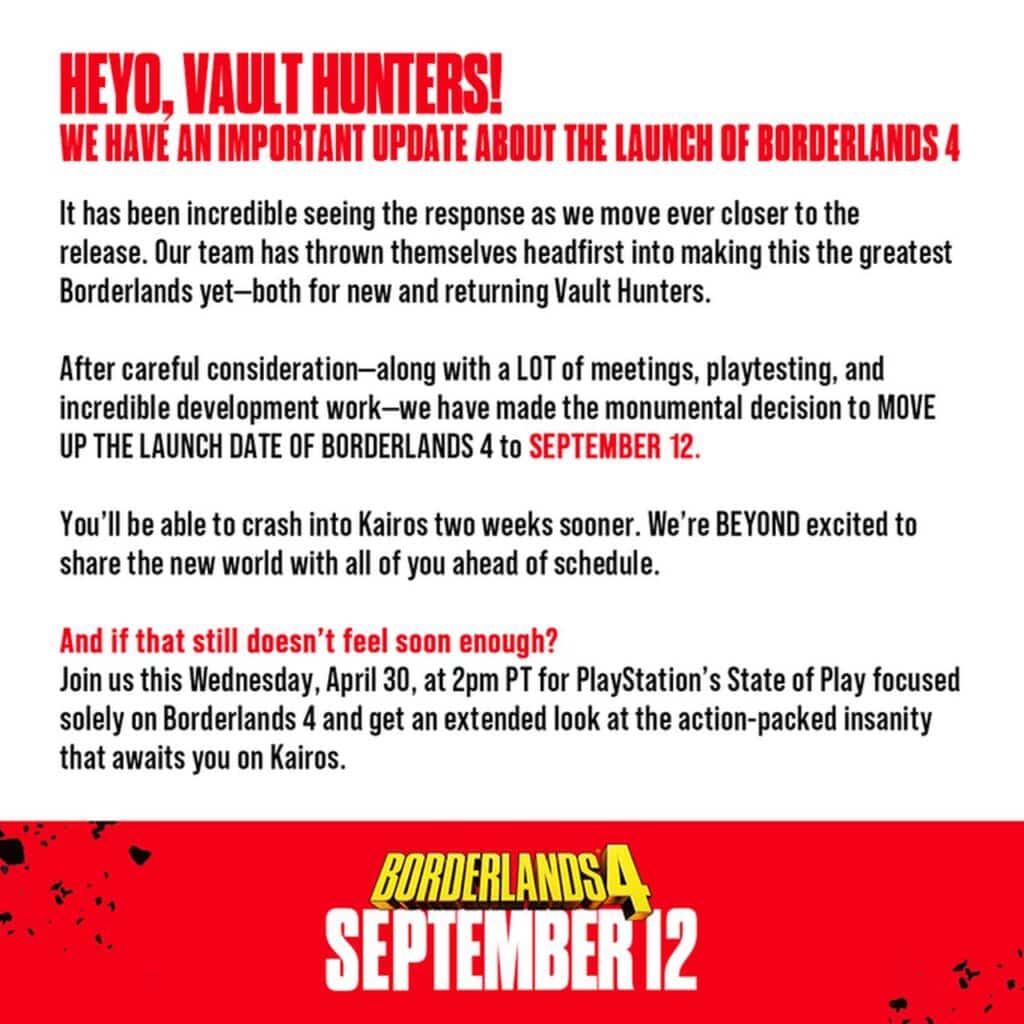 Announcement image for Borderlands 4, launching September 12; Borderlands 4 release date and PlayStation event details included at the bottom.