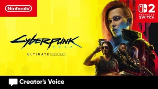 Cyberpunk 2077 Ultimate Edition promo featuring main characters on a yellow background, highlighting Cyberpunk 2077 Nintendo Switch 2.
