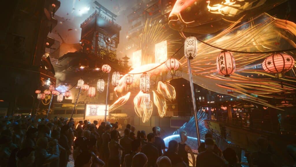 A large crowd gathers under glowing lanterns with giant, illuminated fish floating in a futuristic city scene at night, evoking the vibrant energy of Cyberpunk 2077 on the anticipated Nintendo Switch 2.