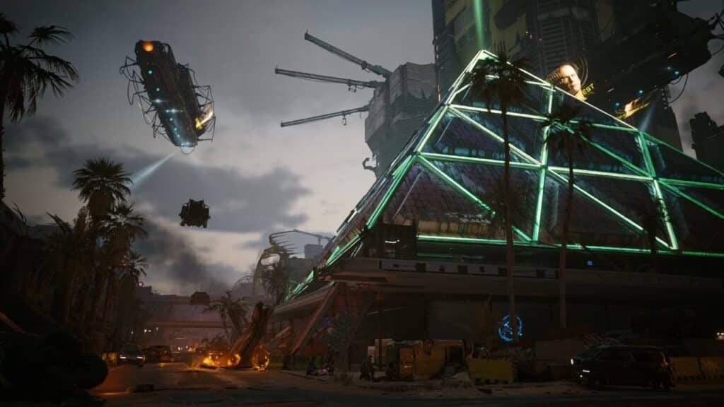 Futuristic cityscape inspired by Cyberpunk 2077, with a neon-lit pyramid, flying vehicles, and palm trees at dusk—perfect for imagining adventures on the Nintendo Switch 2.