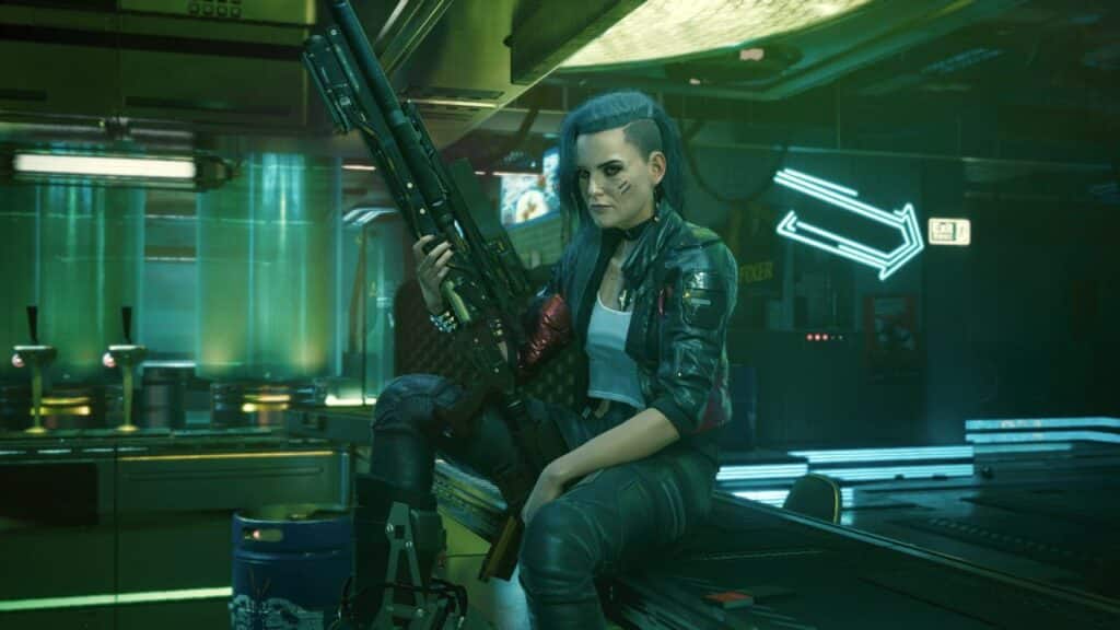 A woman with short blue hair holds a large gun, sitting on a bar counter in a neon-lit futuristic setting, inspired by the world of Cyberpunk 2077 Nintendo Switch 2.