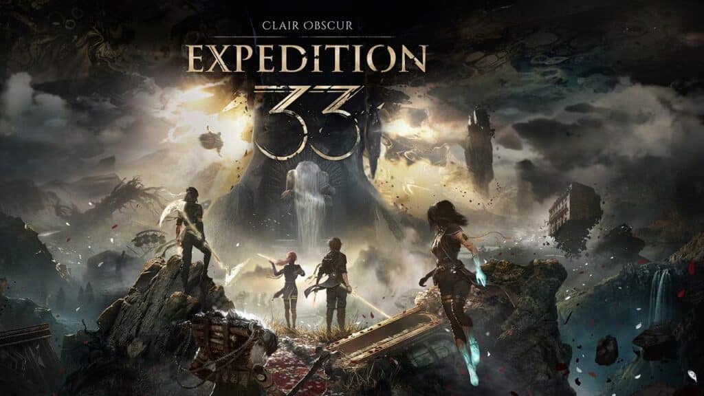 Four adventurers stand on rocky terrain, facing a dark, stormy landscape with looming towers and swirling clouds—a scene inspired by Clair Obscur: Expedition 33.