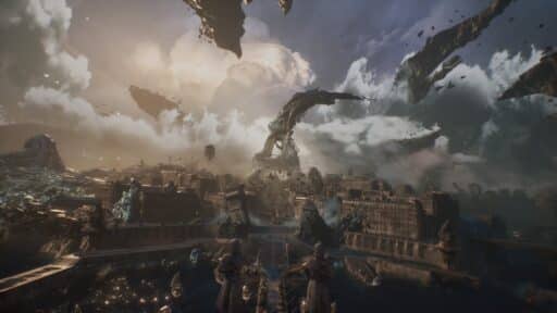 A fantasy city lies in ruins beneath a stormy sky, with floating debris and a giant, serpent-like structure—a scene reminiscent of Clair Obscur: Expedition 33.
