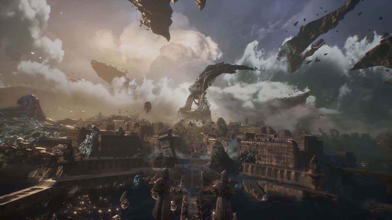 A fantasy city lies in ruins beneath a stormy sky, with floating debris and a giant, serpent-like structure—a scene reminiscent of Clair Obscur: Expedition 33.