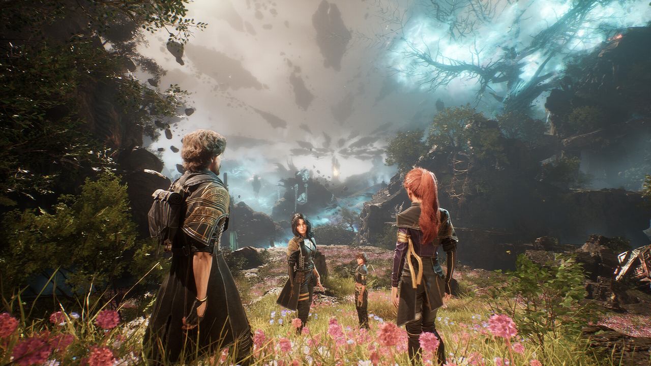 Four adventurers stand in a lush, fantastical landscape with glowing plants and a dramatic sky above, as if part of a Galaxies Showcase.
